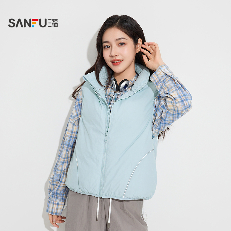 三福马甲2025冬季都市时尚保暖宽松立领羽绒外套女装513563