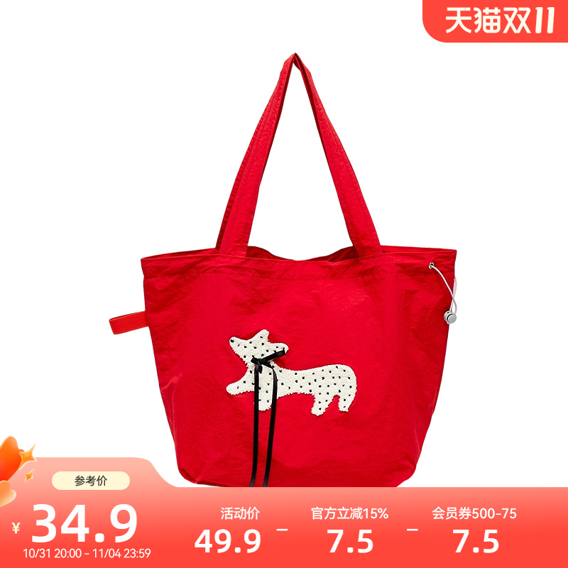 三福帆布包单肩包波点腊肠狗红色帆布袋可爱包包女2025新款845570