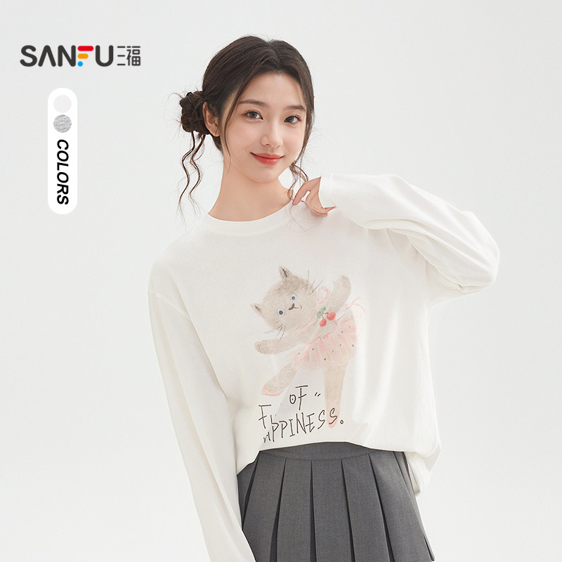 三福长袖T恤女2026新款春季可爱猫咪印花休闲宽松上衣女装517356