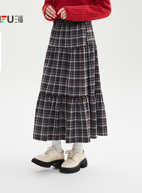 三福半身裙2025新款秋季格纹松紧腰a字裙子花边摆长裙女装508211