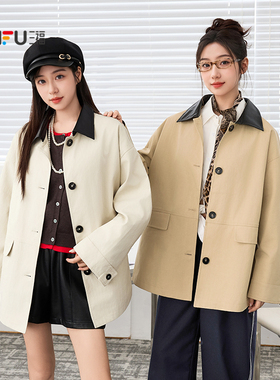 三福外套2026新款春季设计感韩系皮翻领宽松复古风上衣女装508200