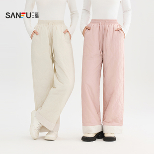 三福加厚棉裤2025新款冬季羊羔毛拼接宽松保暖阔腿休闲裤子女装