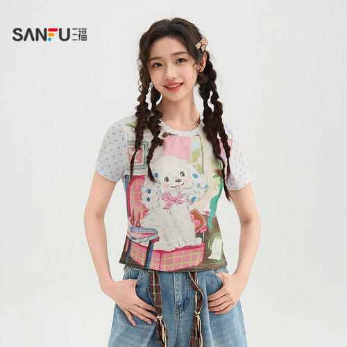 三福T恤女2026新款夏季萌趣小猫短袖圆领时尚休闲上衣女装521844