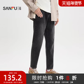 三福2025冬季 511776 合身小脚长裤 男士 抽绳橡筋腰磨毛牛仔裤