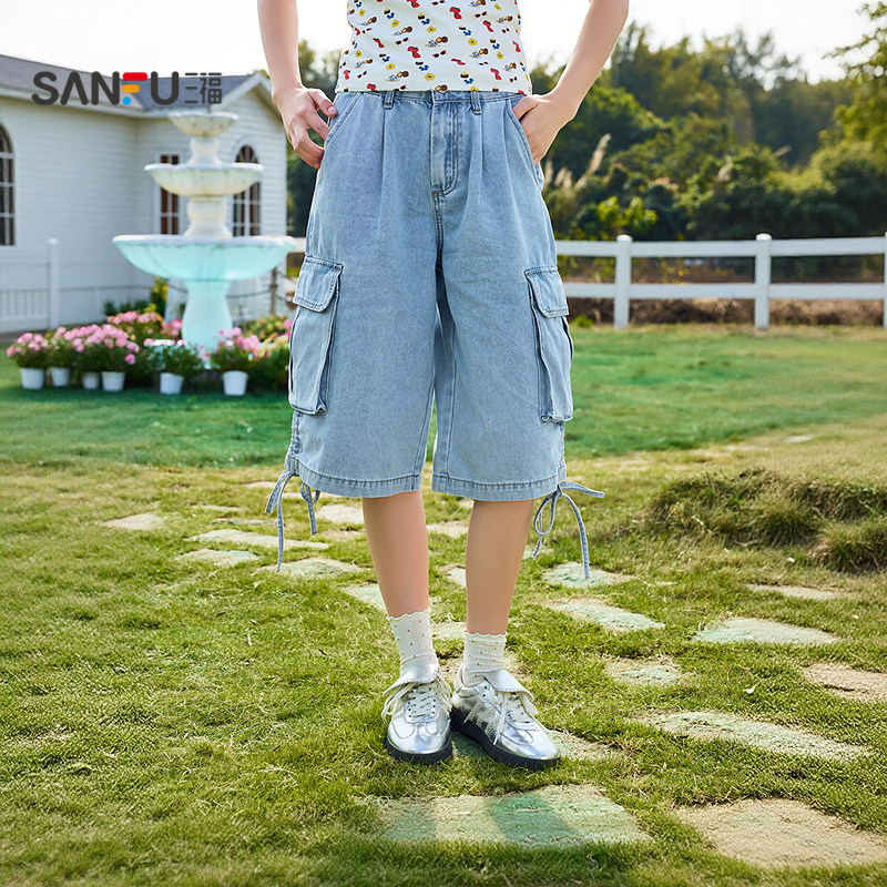 三福工装牛仔裤女2026新款夏季宽松阔腿裤蓝色七分裤子女装521448