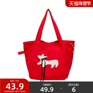 三福帆布包单肩包波点腊肠狗红色帆布袋可爱包包女2025新款845570