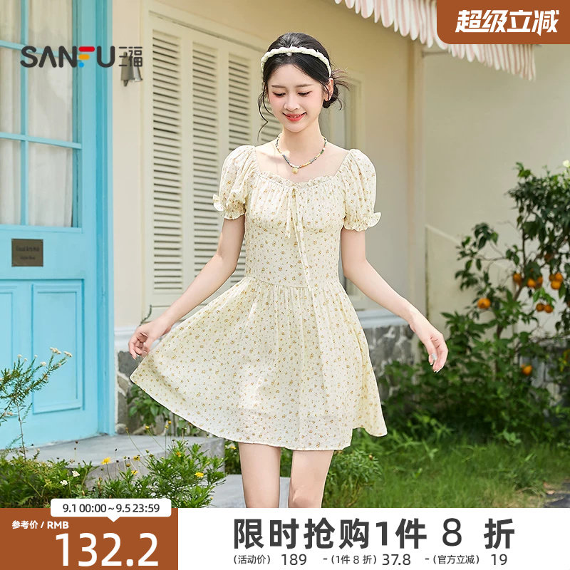 三福泡泡袖连衣裙2026新款夏季甜美绑带收腰碎花短裙子女装522021图片