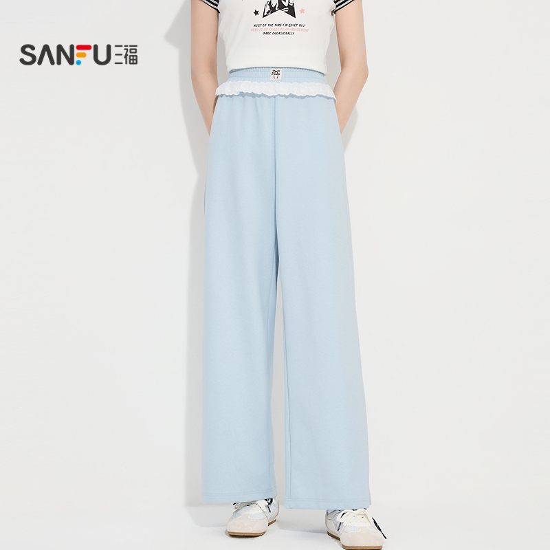 三福女夏季花边拼接卫裤 时尚运动bm风宽松直筒裤子500786