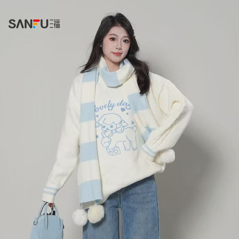 三福毛衣2025冬季减龄学院风围巾宽松慵懒上衣女装515183