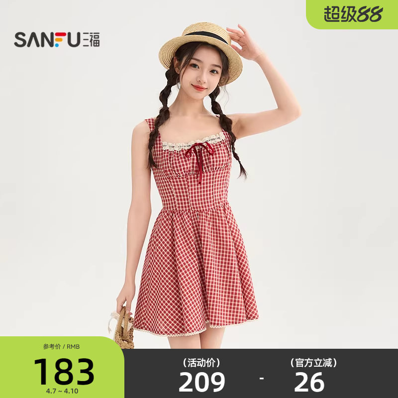 三福连衣裙女2026新款夏季绑带蕾丝格子收腰吊带短裙子女装854902