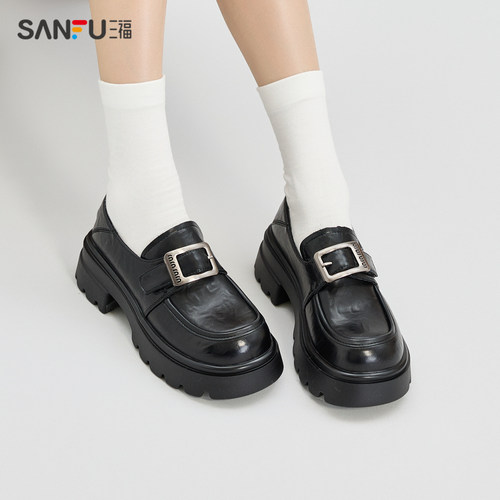 三福乐福鞋女春季学院运动韩系抓皱搭扣增高厚底女鞋838520