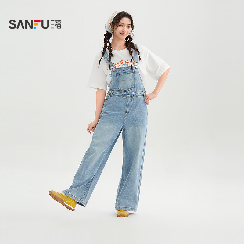 三福牛仔背带裤2026新款夏季胸前洗水口袋休闲连身裤子女装521291