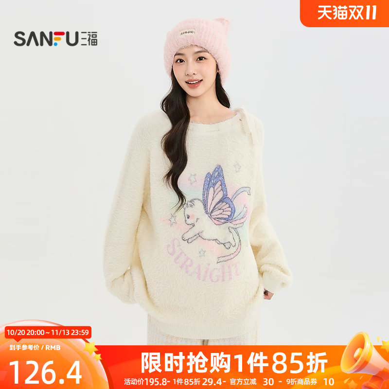 三福毛衫2026冬季猫咪图案热转印花蝴蝶结绑带上衣女装528093