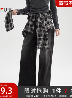 三福加厚牛仔裤2025新款冬季可拆卸搭片阔腿裤黑色长裤女装514726