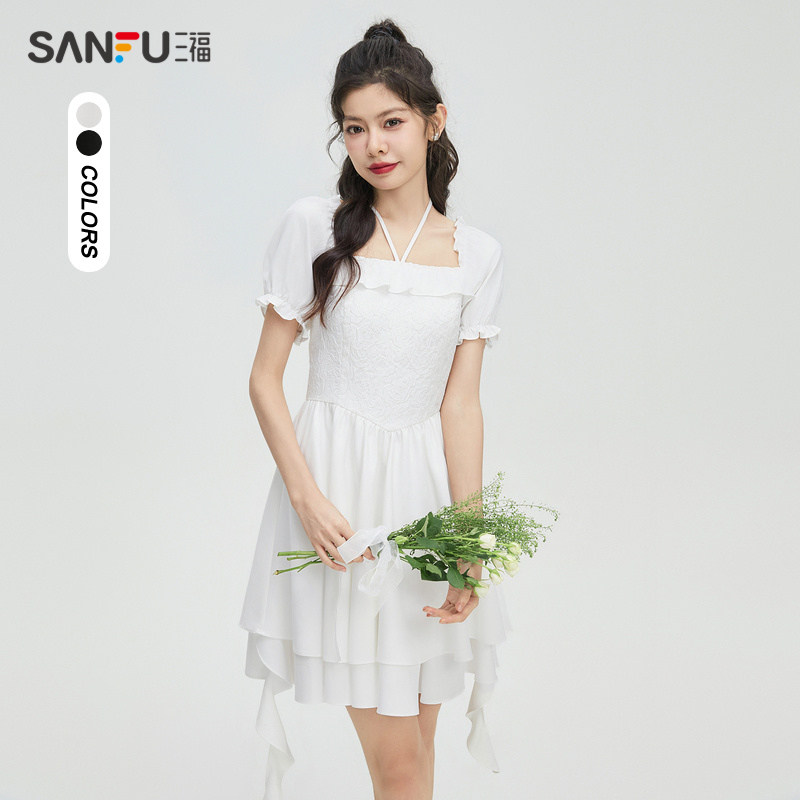 三福连衣裙子夏季2023新款法式气质花边收腰泡泡袖短裙女装472325