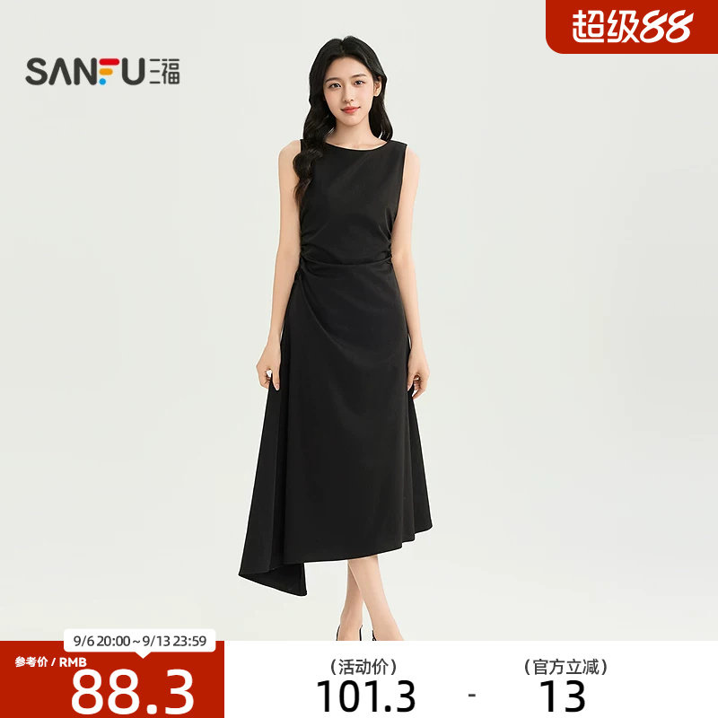 三福女连衣裙2026夏季新款气质高级时尚漂亮不规则下摆裙子女装图片