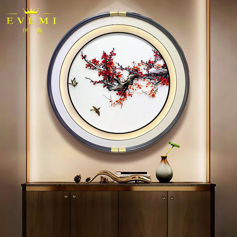 伊弥（EVEMI）圆形玄关带led灯光装饰画苏州刺绣挂画荷花苏绣插头图片