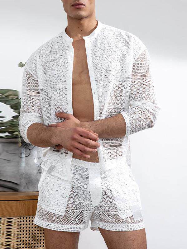 유럽과 미국의 남성 의류 2024 가을 플러스 사이즈 섹시한 중공 긴팔 탑 캐주얼 반바지 정장 유행 남성 정장