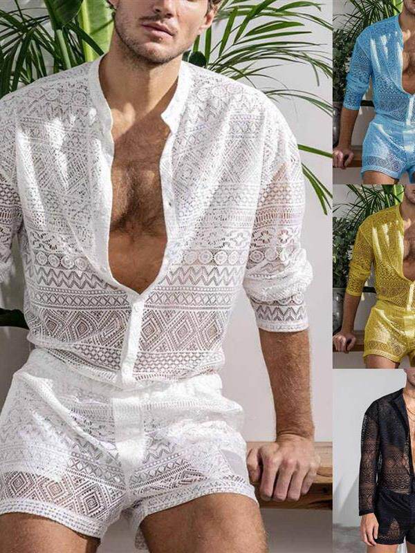 유럽과 미국의 남성 의류 2024 가을 플러스 사이즈 섹시한 중공 긴팔 탑 캐주얼 반바지 정장 유행 남성 정장