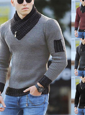 2025秋冬季英伦风大码毛衣潮牌长袖围巾高领男针织衫Men Knitwear