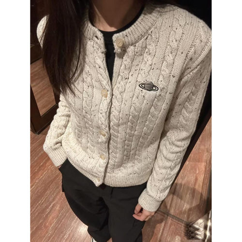 老钱风麻花针织开衫女保暖显瘦