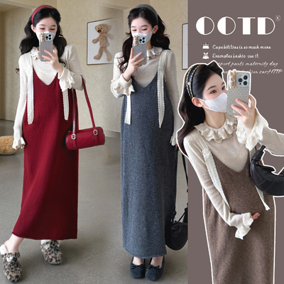 孕妇装秋冬连衣裙小个子2025新款红色针织吊带裙套装孕妈高级穿搭