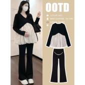 小个子套装 2026新款 上衣洋气遮孕肚v领设计感波点娃娃衫 孕妇春装