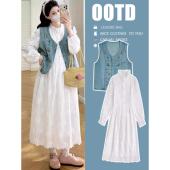 法式 孕妇春装 裙两件套装 牛仔马甲白色衬衫 漂亮裙子 连衣裙2026新款