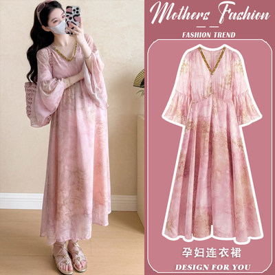 夏季法式粉色孕妇雪纺连衣裙