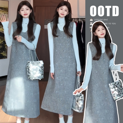 孕妈妈秋冬毛呢背心连衣裙大码