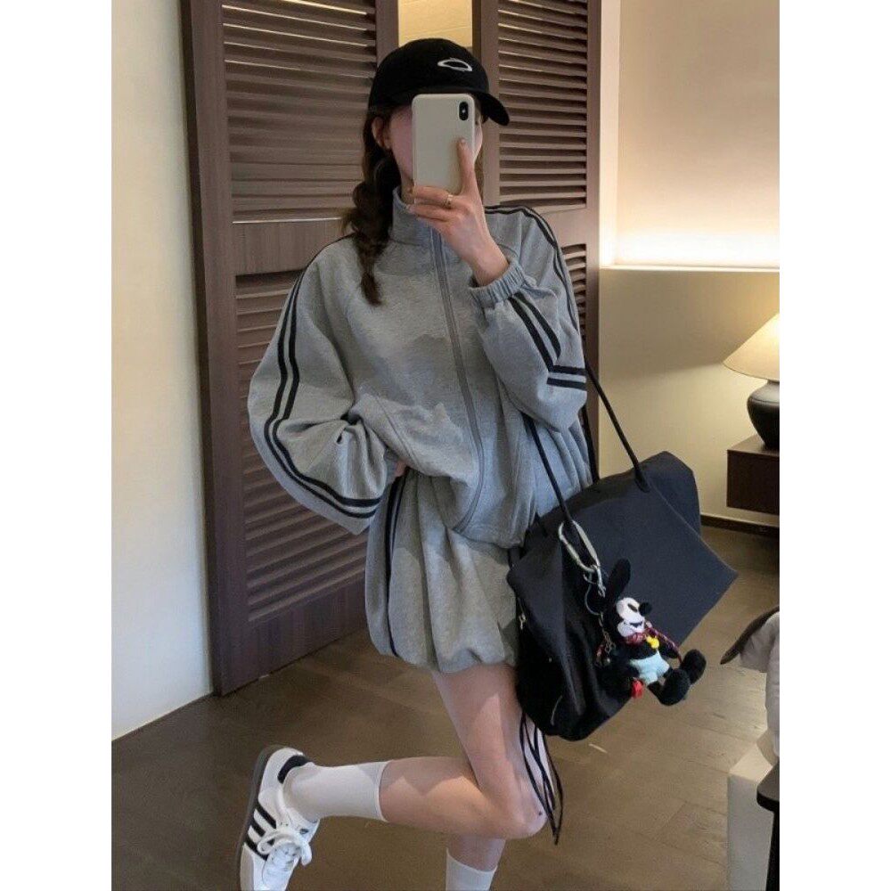胖mm侧条纹卫衣外套花苞短裙套装图片