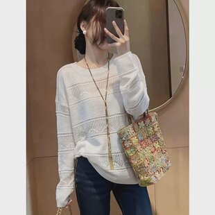 大码胖mm韩版提花镂空套头T恤罩衫女夏季300斤宽松显瘦长袖针织衫