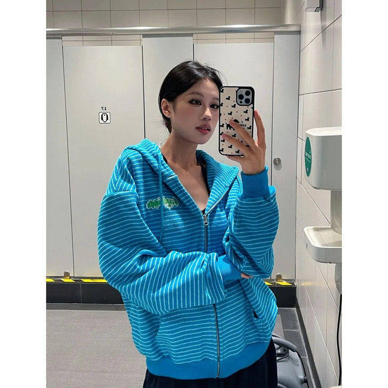 2-300斤大码加绒加厚条纹卫衣外套女秋冬胖mm宽松显瘦外套上衣ins