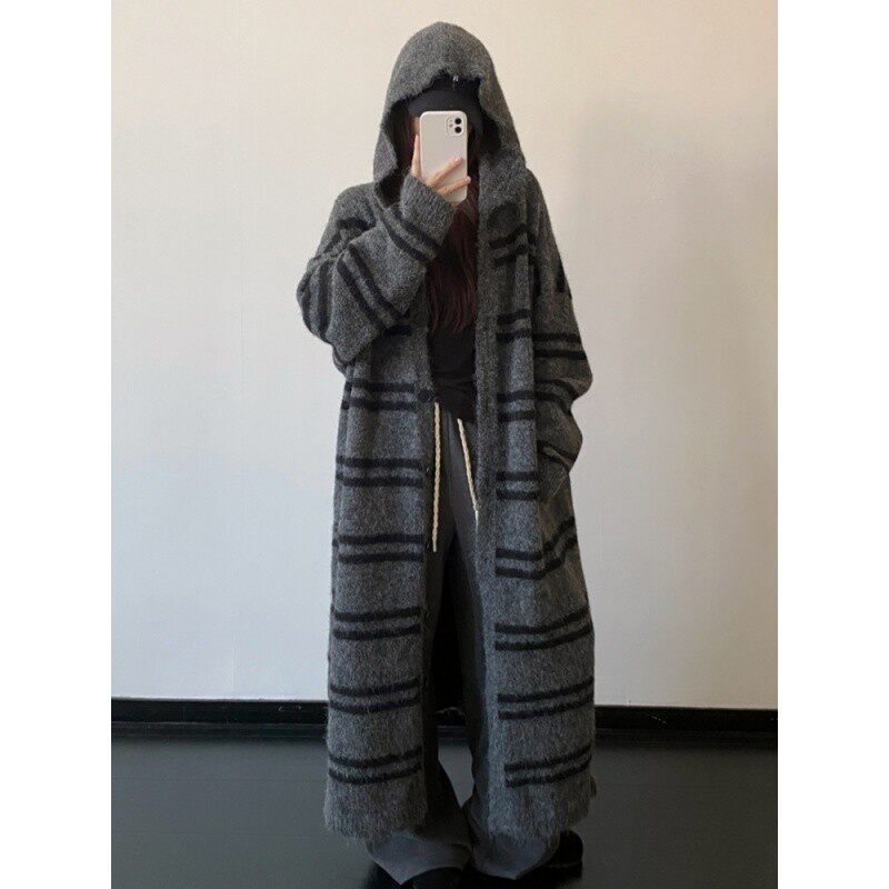 大码300斤法式条纹连帽毛衣开衫女秋冬胖mm宽松独特休闲针织外套