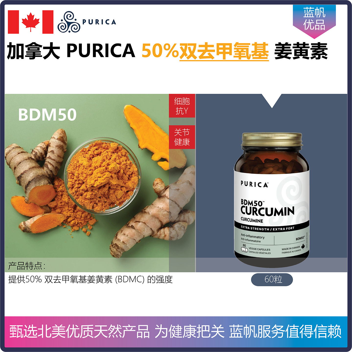 【温哥华顺丰】60粒 加拿大PURICA50% BDMC 双去甲氧基姜黄素