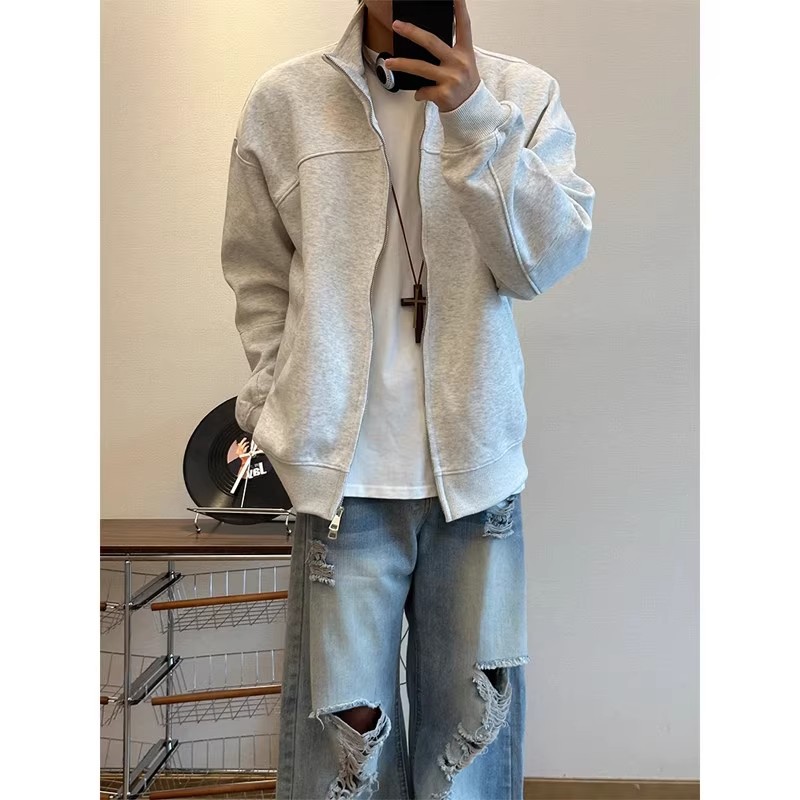 花灰色立领双拉链开衫卫衣男款秋季重磅硬挺外套美式复古运动夹克