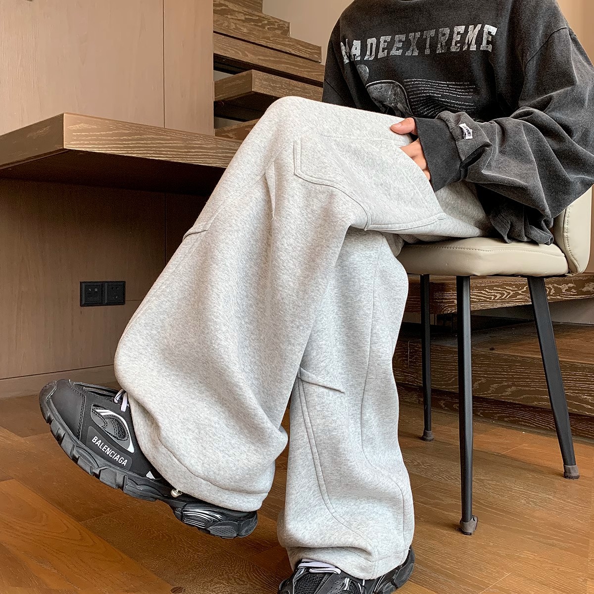 重磅拼接褶皱卫裤男春秋季美式hiphop工装阔腿长裤高街潮牌百搭裤