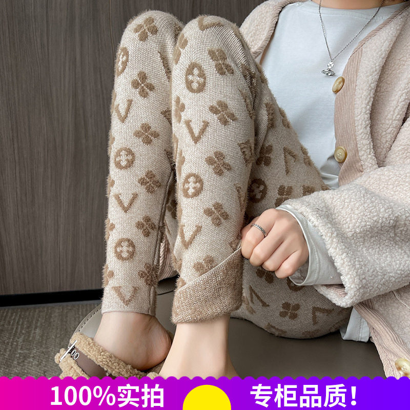 水貂绒提花高腰保暖小脚打底裤