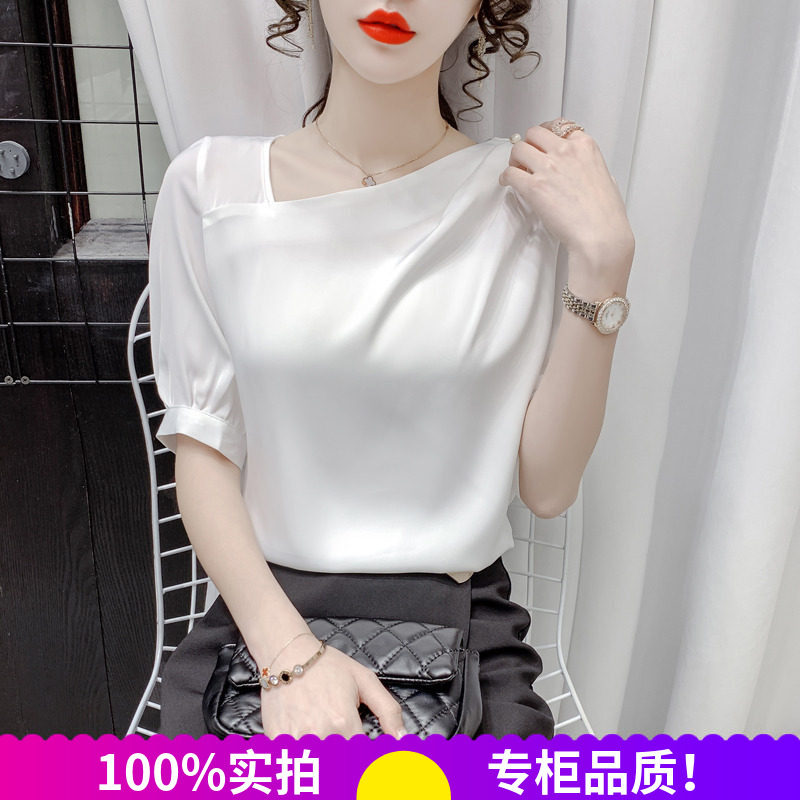 衬衫女不规则v领上衣2025新款宽松夏季短袖白色雪纺衫衬衣显瘦潮