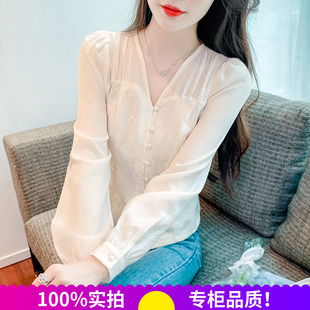 新中式提花雪纺衬衫女2026春季透气绝美小衫长袖上衣T恤修身显瘦