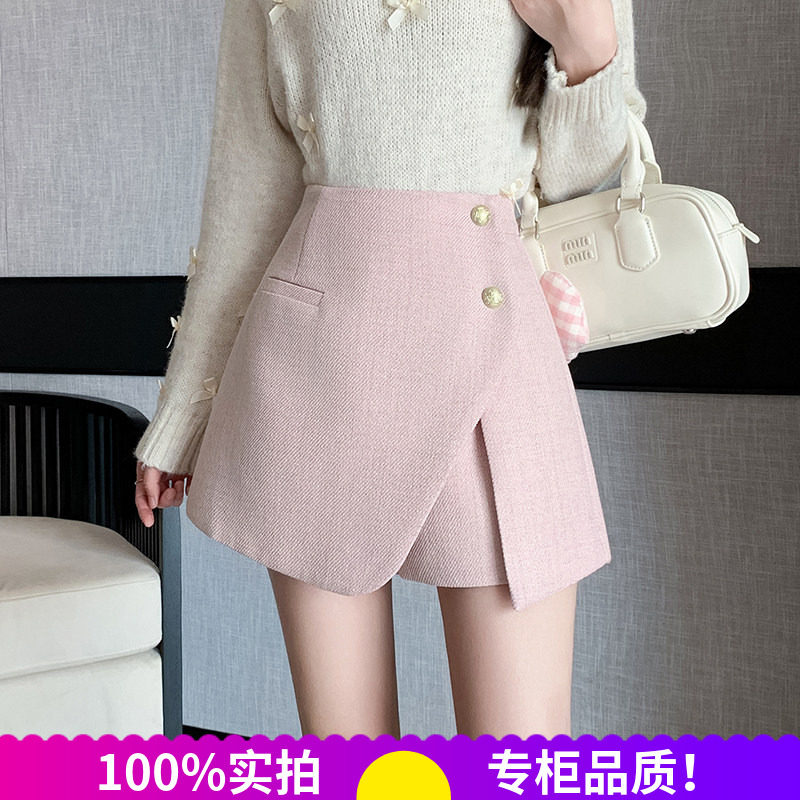 小香风高腰呢子A字阔腿裙裤女