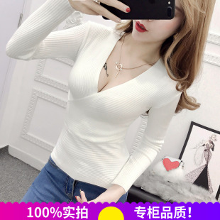 t恤夜店装 毛衣女交叉上衣长袖 韩潮 针织衫 春秋性感深V领低胸打底衫