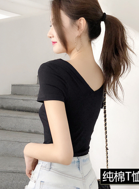 女士t恤夏短袖紧身双V领性感短款露脐上衣心机纯棉打底衫露背韩潮