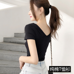 露背韩潮 露脐上衣心机纯棉打底衫 女士t恤夏短袖 紧身双V领性感短款