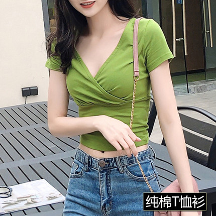 高腰短款上衣性感交叉V领打底衫纯棉t恤女士短袖露脐显瘦2025夏潮