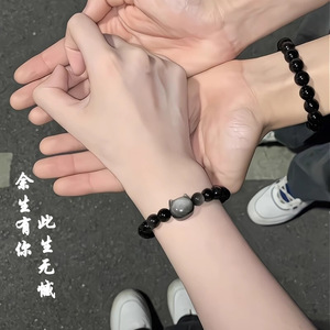专柜正品天然黑曜石情侣手链一对情侣款男女金银曜石猫咪手串礼物