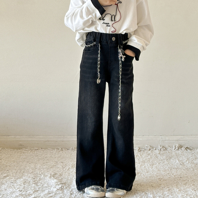 女童裤子秋季新款女大童微喇叭裤初中生超好看长裤儿童黑色牛仔裤