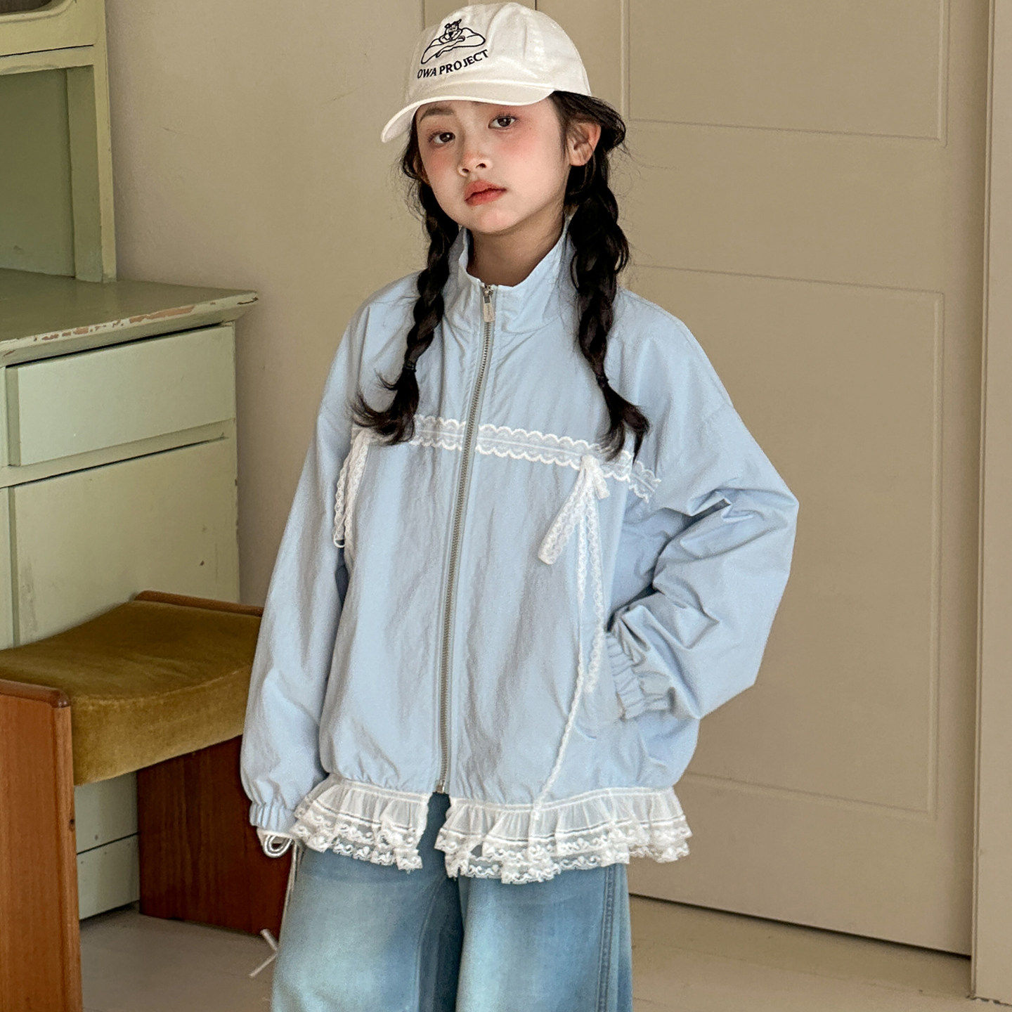 女童外套夏装新款女大童夏季薄款超好看花边上衣女孩拉链防嗮衣服