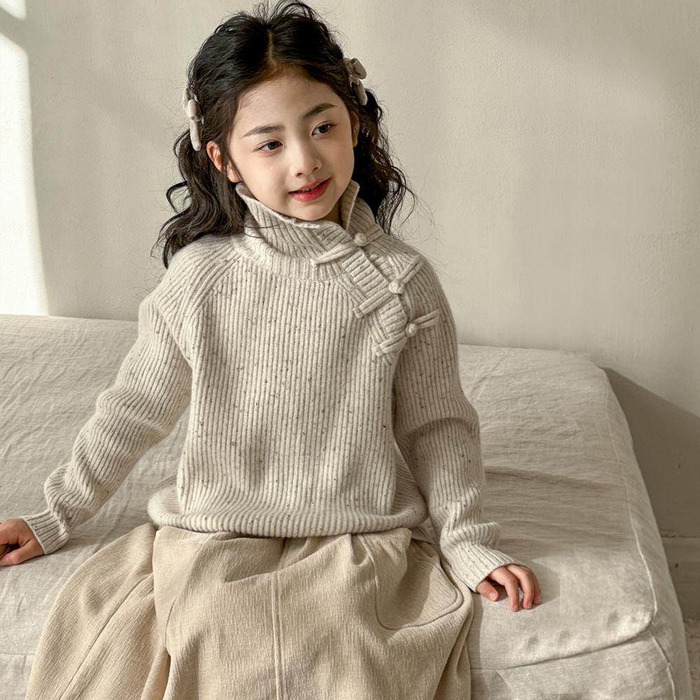 女童半高领毛衣羊毛混纺2025秋冬新中式旗袍扣针织衫儿童新年上衣