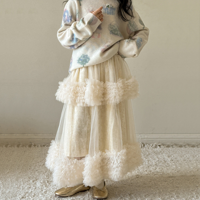 女童半身裙新款儿童长裙秋季好看网纱白色百褶蛋大童秋冬丝绒裙子